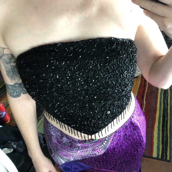 Andretti Donatello Black sequin beaded strapless bandeau top with fringe - Picture 2 of 8